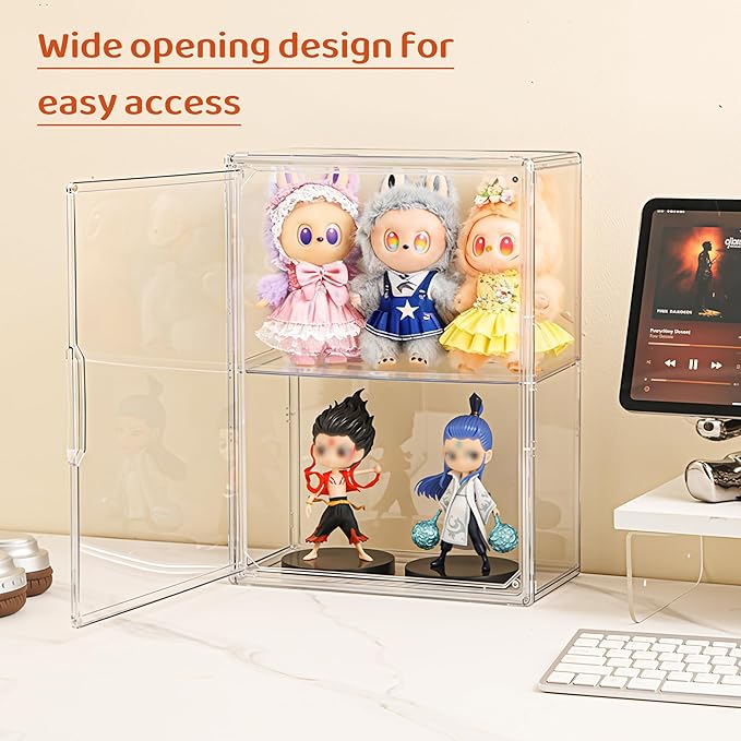 Acrylic Display Case Compatible with Labubu POP MART 2 Tier Figure Display Case for Collectibles Clear Acrylic Box with Removable Divider