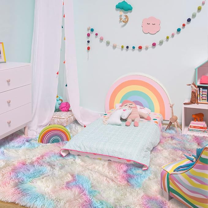 Ompaa Soft Fluffy Rainbow Kids Rug for Girls Bedroom Carpets, 6x9 Feet, Pastel Unicorn Room Decor, Kawaii Tie Dye Rugs for Teens Dorm Aesthetic, Shaggy Nursery Area Rug for Baby Toddler Princess Room