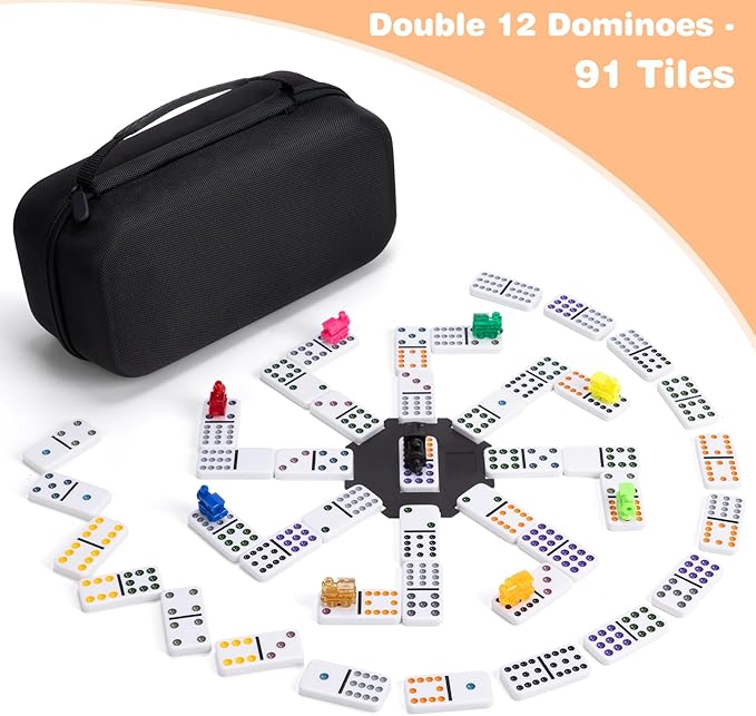 Mexican Train Double 12 Dominoes Set - 91 Tiles with 4 Wooden Trays & Travel Case, Family Board Game for Adults Kids Party Travel