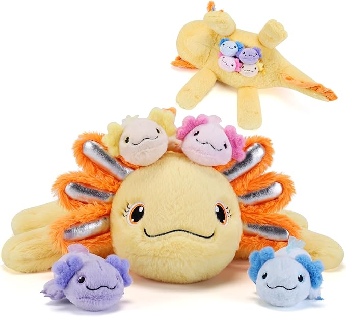 5 Pieces Axolotl Stuffed Animals with Babies Inside Belly - 1 Mommy Stuffed Axolotl with 4 babies - Yellow Axolotls Plush Toy for Kid Age 3-8, Gift Ideal for Christmas, Valentine's, Birthday