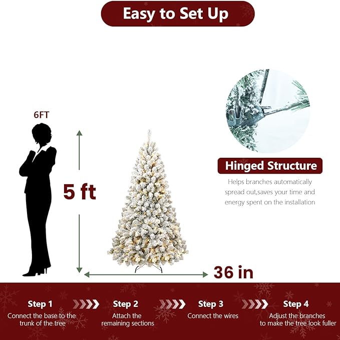 5ft Per-Lit Snow Flocked Christmas Tree, Artificial Christmas Tree with 200 Warm White Lights, 551 Branch Tips, Premium Green Full Xmas Tree for Easy Holiday Setup, Foldable Metal Base