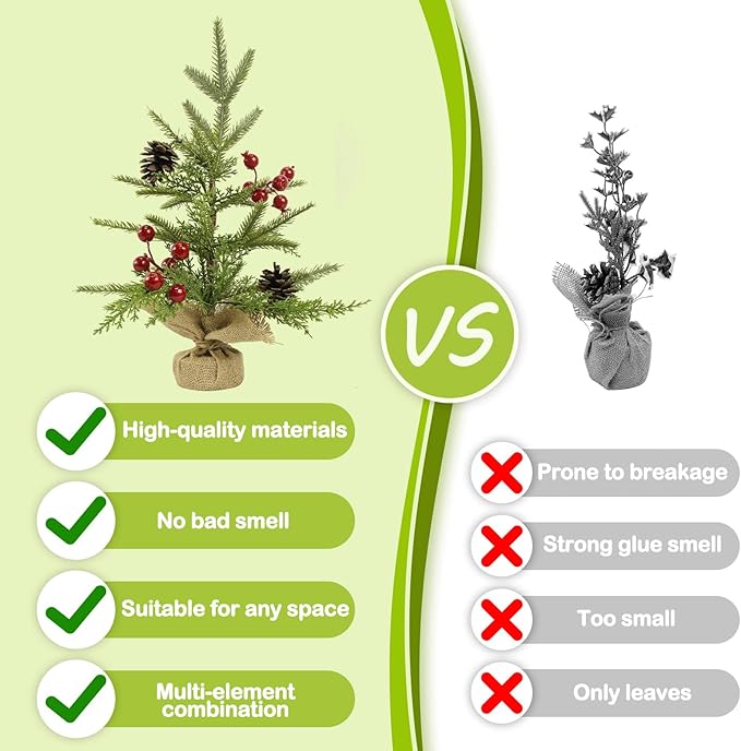 Mini Christmas Tree, 18.5 inch Tabletop Artificial Small Christmas Tree with Red Berries Pinecones Small Xmas Tree for Home, Dining Room, Office, Hotel, Party Desk, Table Top, Mantel