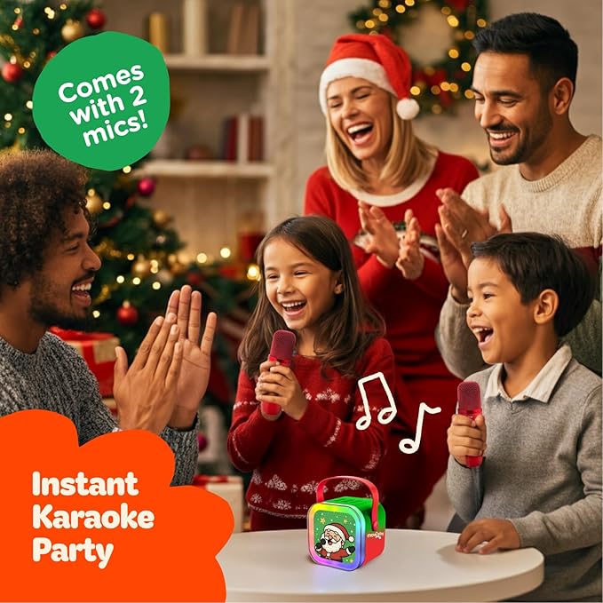 Move2Play, Christmas Karaoke Machine | Includes 8 Christmas Songs | Includes 2 Microphones | Bluetooth Wireless Music Player | Holiday Toy for Girls & Boys | Stocking Stuffer Idea