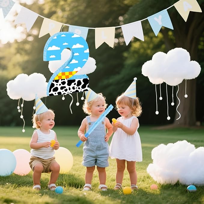 16 Inch Number 2 White Cloud Pinata with 16 Inch Piñata Stick Blindfold Confetti for Boy Girl Kids 2nd Birthday Party Decorations(2nd)