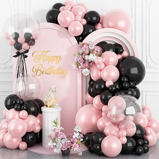 Pearl Pink and Black Balloon Arch Kit, Double Stuffed Pink Black Balloons Garland 18/12/10/5 Inch Pearl Balloons for Baby Shower Birthday Wedding Bridal Shower Party Decor