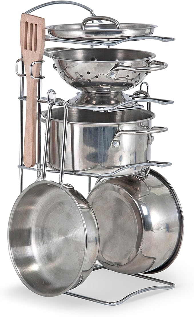 Melissa & Doug Stainless Steel Pots and Pans Pretend Play Kitchen Set for Kids (8 pcs)
