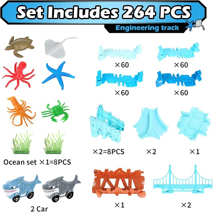 264 PCS Shark Race Tracks for Kids Toys, Glow in The Dark Magic Toy Set, 2 Shark Cars Track, Flexible DIY Track Set, Birthday Gift for Age 3-9 Boys Toddler Girls