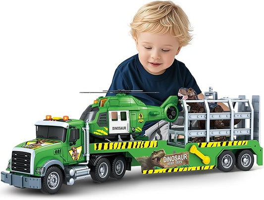 SpringFlower Carrier Dino Truck Kids Toys, 24“ Semi Truck Toy with Helicopter & Dino Toy with Lights, Sounds, Vehicle Toy for Toddlers 3 4 5 6 7, Birthday Gifts for Kids