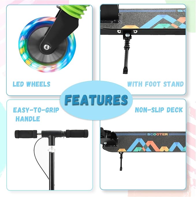 TENBOOM Scooter Kids Scooter with Handbrake, Toddler Scooter Scooters for Kids 3+, Light up LED Wheels Toys for Kids, Adjustable Handlebar, Foldable Scooter for Kids