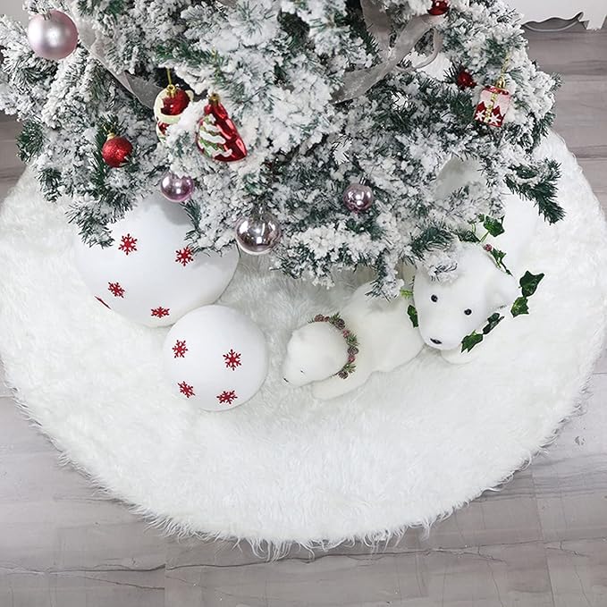 58 Inch Christmas Tree Skirt, Extra Large Thick Luxury Snowy Faux Fur Tree Skirt, White Plush Velvet for Merry Christmas Party Tree Decoration