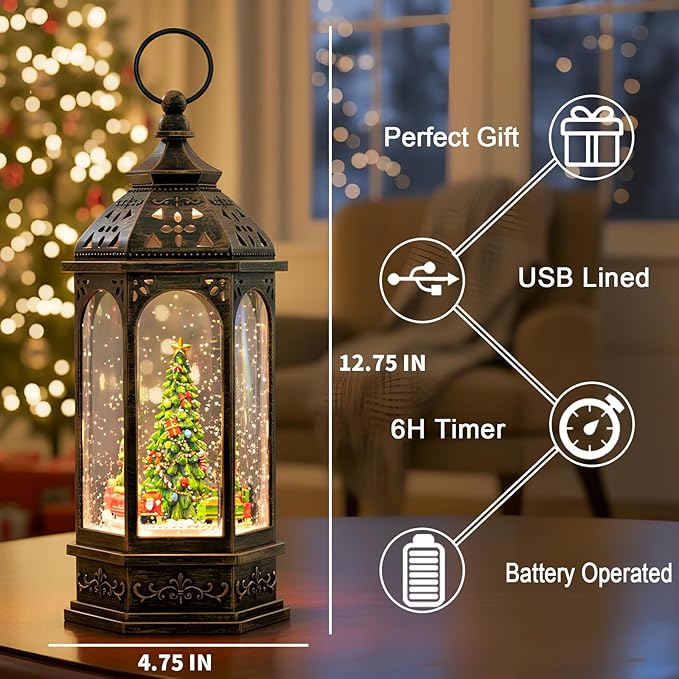 Christmas Snow Globes, Train Whirled Around The Christmas Tree Music Water Lantern, 8 Christmas Music, USB Powered & Battery, Holiday Decorations Gifts for Family, Children or Friends