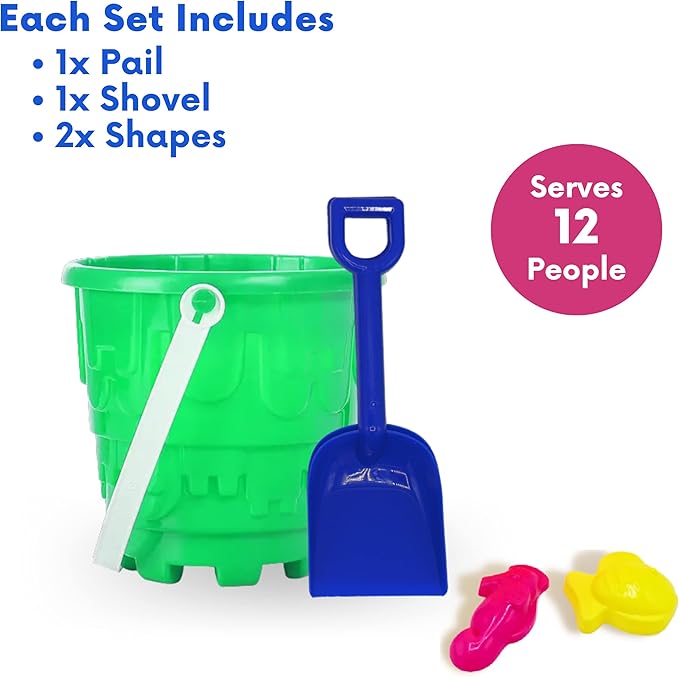 4E's Novelty 12 Sets Beach Toys - Includes 12 Sand Buckets, 12 Shovels, 24 Sand Molds for Kids - Small 5.75" Beach Buckets Bulk for Summer Party Favors, End of Year Student Gifts Toys
