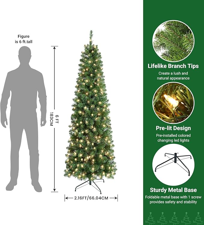 SHareconn 6ft Prelit Artificial Hinged Slim Pencil Christmas Tree with Warm White Lights, Full Branch Tips, Good Choice Decoration for Xmas Holiday, 6 FT, Green