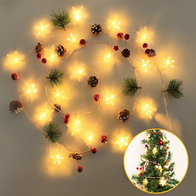 Christmas Garland with 20 Snowflake Light 6.8FT Christmas Lights 1pcs Battery Operated Snowflake Light with Bells for Fireplace Bedroom Garden Party Home Indoor Outdoor Xmas Tree Decorations