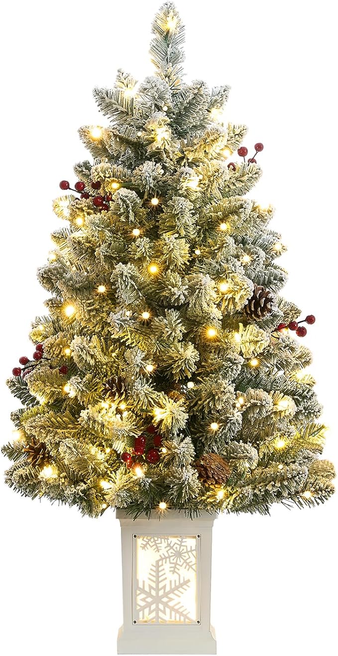 3 Ft Pre-Lit Christmas Tree, Frosted Artificial Christmas Tree with 78 Led Lights,8-Mode Battery Box,Timer Battery,Red Berry,Christmas Decoration for Home, Office,Fireside,Easy Installation