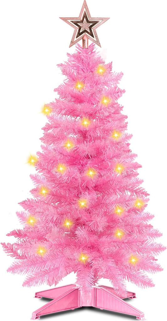 3 Ft Pink Christmas Tree with Lights, Timer 8 Modes 50 Warm White Lights Battery Operated Small Artifical Full Christmas Tree for Tabletop Home Office Indoor Outdoor Xmas Holiday Party Decorations