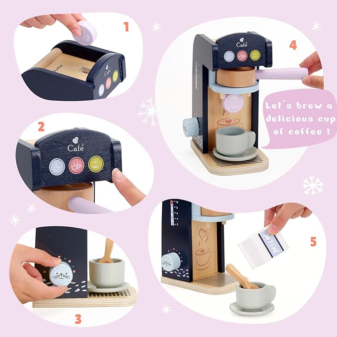PairPear Kids Coffee Maker Wooden Kitchen Playset, Wooden Toys Play Coffee Maker Set with Play Food for Kids, Toddler Play Kitchen Accessories Gift for Girls and Boys 3+