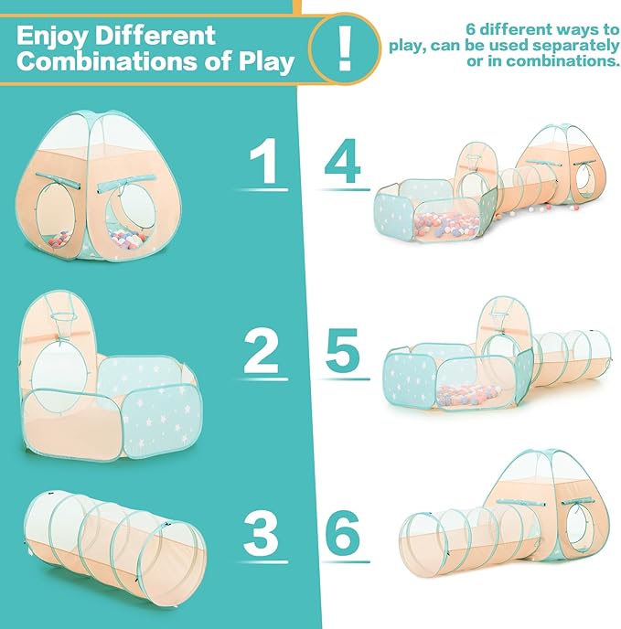 SISTICKER 3 in 1 Kids Play Tent with Baby Ball Pit and Play Tunnel, Toddler Climbing Toys for Boys, Girls, Babies, Indoor Outdoor Pop Up Playhouse Tunnel Toys (Balls NOT Included)