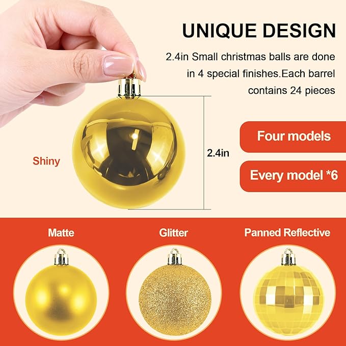2.36" Christmas Balls Christmas Tree Ornaments Shatterproof Plastic Holiday Ornament Festival Hanging Ball Holiday Decorations Set of 24pcs