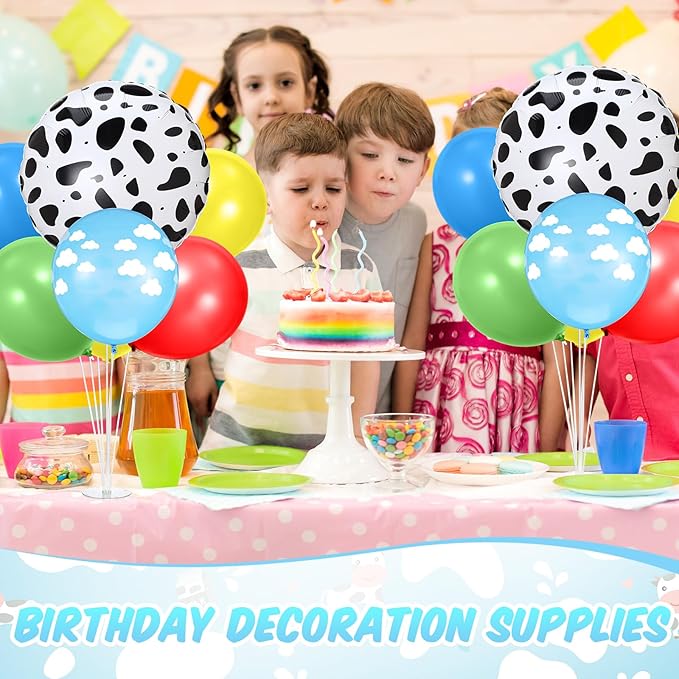 2 Sets Cartoon Birthday Party Decorations Table Centerpiece Red Yellow Blue Balloon Stand Kit with Cloud Cow Print Foil and Latex Balloon for Baby Shower Farm Animals Wedding Supplies