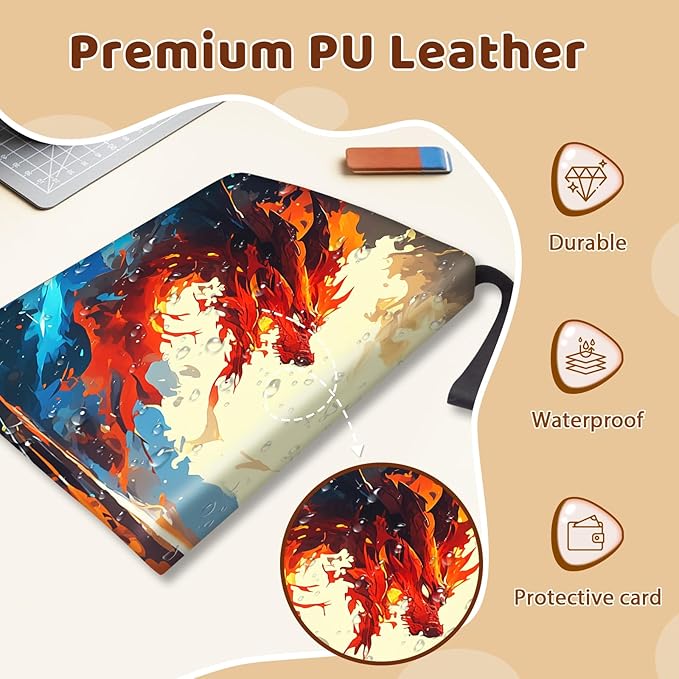 Trading Card Storage Album, Card Binder with 50 Durable 9-Pocket Pages, Ice Fire Dragon Design on Pocket Card Packs, Thanksgiving Christmas Gifts for Collectors, Zipper Closure Album