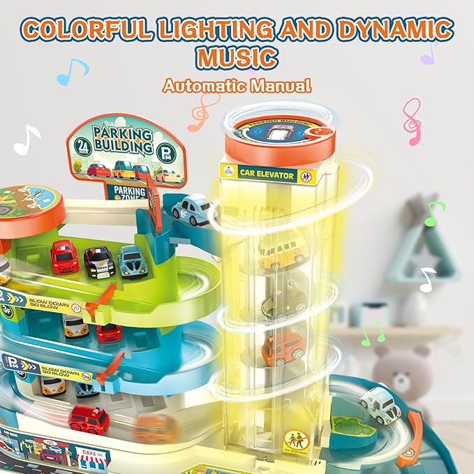 Fisca 2-in-1 Race Car Tracks PlaySet for Kids, Toy Car Ramp Track and Lifting Parking Lot, Dual Mode Toddler Car Track Toy Playset with 6 Cars, Automatic Rotary Elevator, Steering Wheel Music Driving