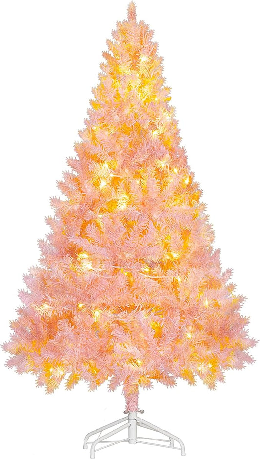 HOMCOM 6' Tall Prelit Christmas Tree Douglas Fir Artificial Christmas Tree with Realistic Branches, 250 Warm White LED Lights and 1000 Tips, Pink