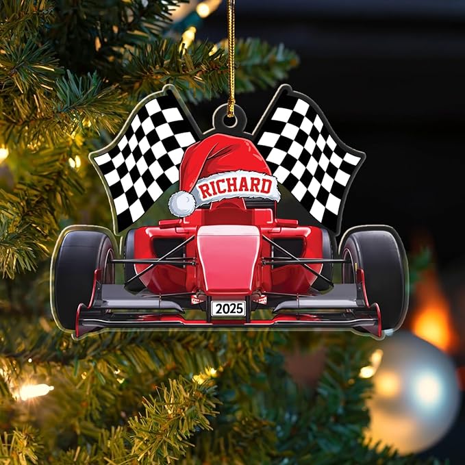Personalized Racing Car Shaped Christmas Ornament 2025, Unique Racing Keepsake Xmas Ornament Gift for Men Women Racer Speed Lovers, Customized Year & Name Car Sport Racer Christmas Tree Ornaments