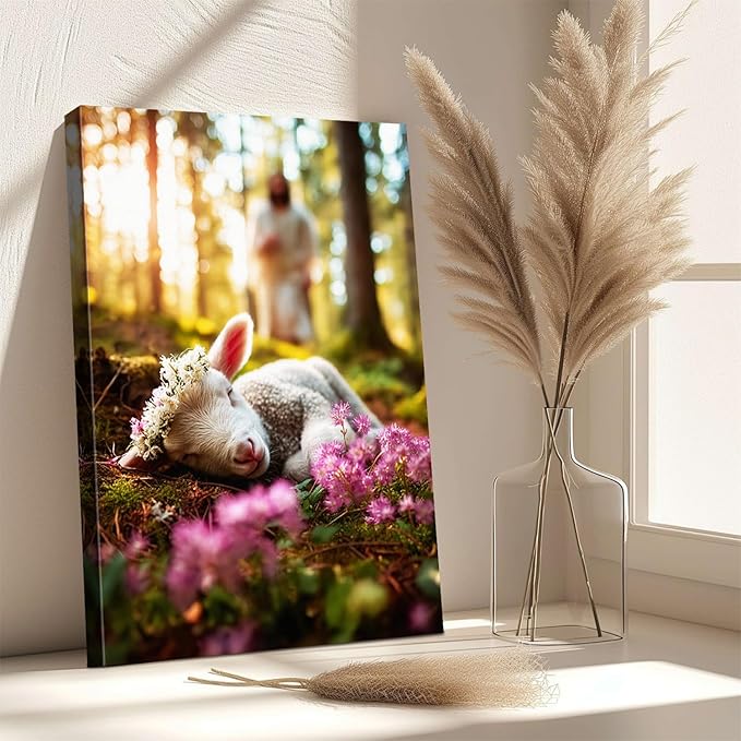 AbcCustomize Jesus Running After Lost Lamb Christian Wall Decor, Religious Wall Decor for Home, Jesus Wall Art Canvas Prints Ready to Hang, Inspirational Christian Art for Prayer Room, Baptism Gift