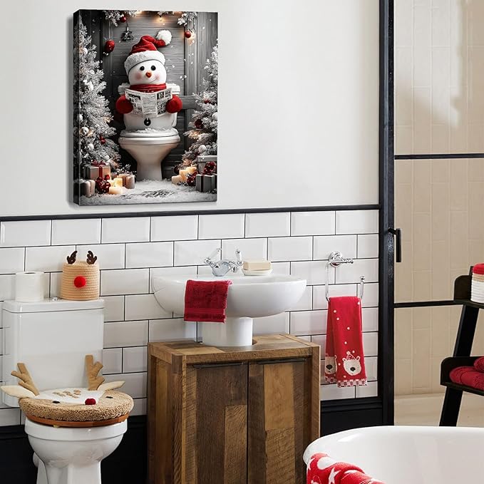 AbcCustomize Funny Snowman Christmas Canvas Wall Art, Snowman Reading on Toilet Canvas Prints, Quirky Bathroom Picture for Humorous Christmas Decorations, Holiday Gifts and Winter Decor