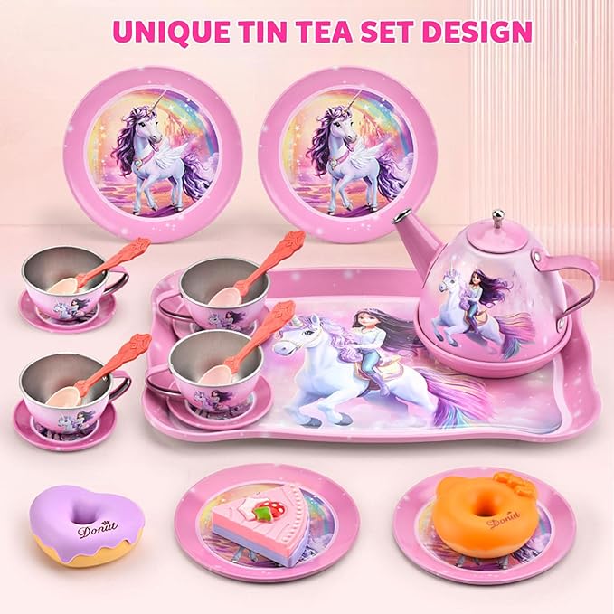 Unicorn Tea Party Set for Toddler Girls – 19-Piece Pretend Play Tin Tea Set with Teapot, Cups, Plates, Spoons & Carrying Case – Princess Kitchen Toys for Kids Ages 3-8 – Birthday Gift