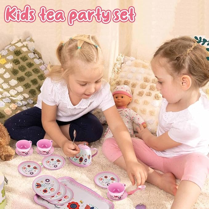 Tea Set for Little Girls, Birthday Gift for Age 3 4 5 6 Year Old, Toddler Toys Tea Party Set for Little Girls, Princess Kids Kitchen Pretend Toy with Tin Tea Set, Desserts & Carrying Case