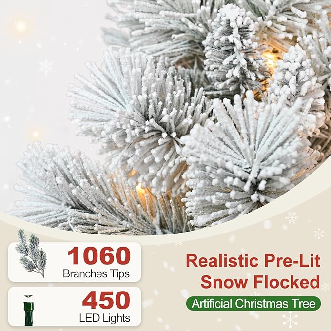 7 Ft Prelit Snow Flocked Christmas Tree with 450 Warm LED Lights, Premium Artificial Xmas Tree with 1060 Realistic Branch Tips, Metal Stand for Indoor Home/Office Holiday Decor (Easy Assembly)
