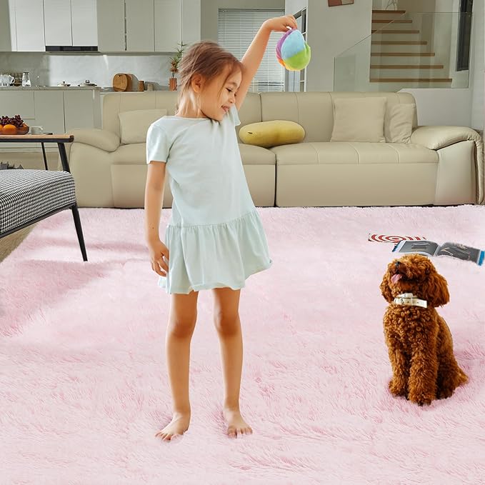 Ultra Soft Rug for Living Room, 8X10 Fluffy Shag Area Rug for Bedroom, Modern Shaggy Carpets Fuzzy Rug for Teens Dorm Nursery Home Decor Aesthetic, Upgrade Anti-Skid Durable, Pink