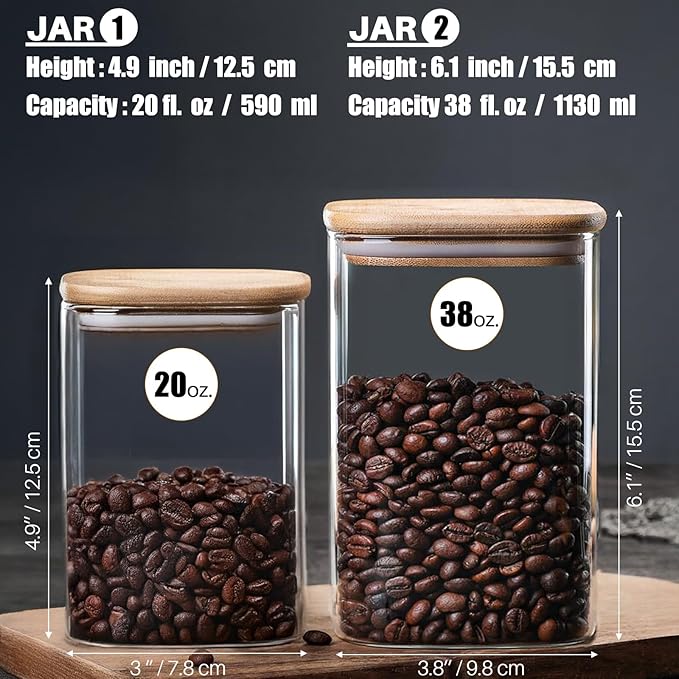 38 oz Glass Food Storage Jars with Airtight Lids, Clear Glass Jar with Bamboo Lid, Airtight Food Canister for Tea, Candy, Coffee, Sugar, Cookie, Snack. (Square | 5+6 Inch)