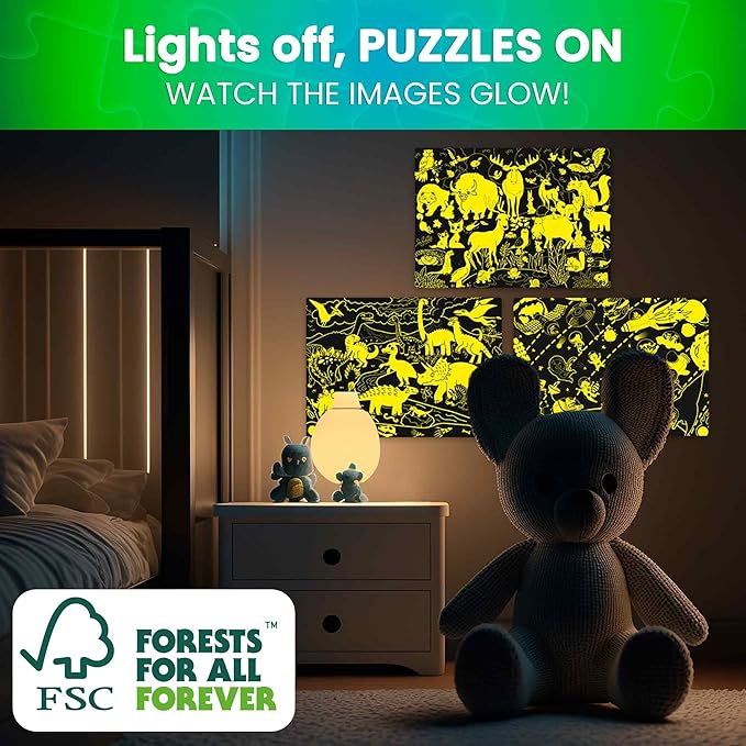 QUOKKA 3x100 Piece Puzzles for Kids Ages 6-8 – Glow-in-The-Dark Puzzles for Kids 8-10 | Space, Dinosaurs, Animals | Fun Educational Puzzle for Boys & Girls – Learning Games & Space Toys Gift for Kid