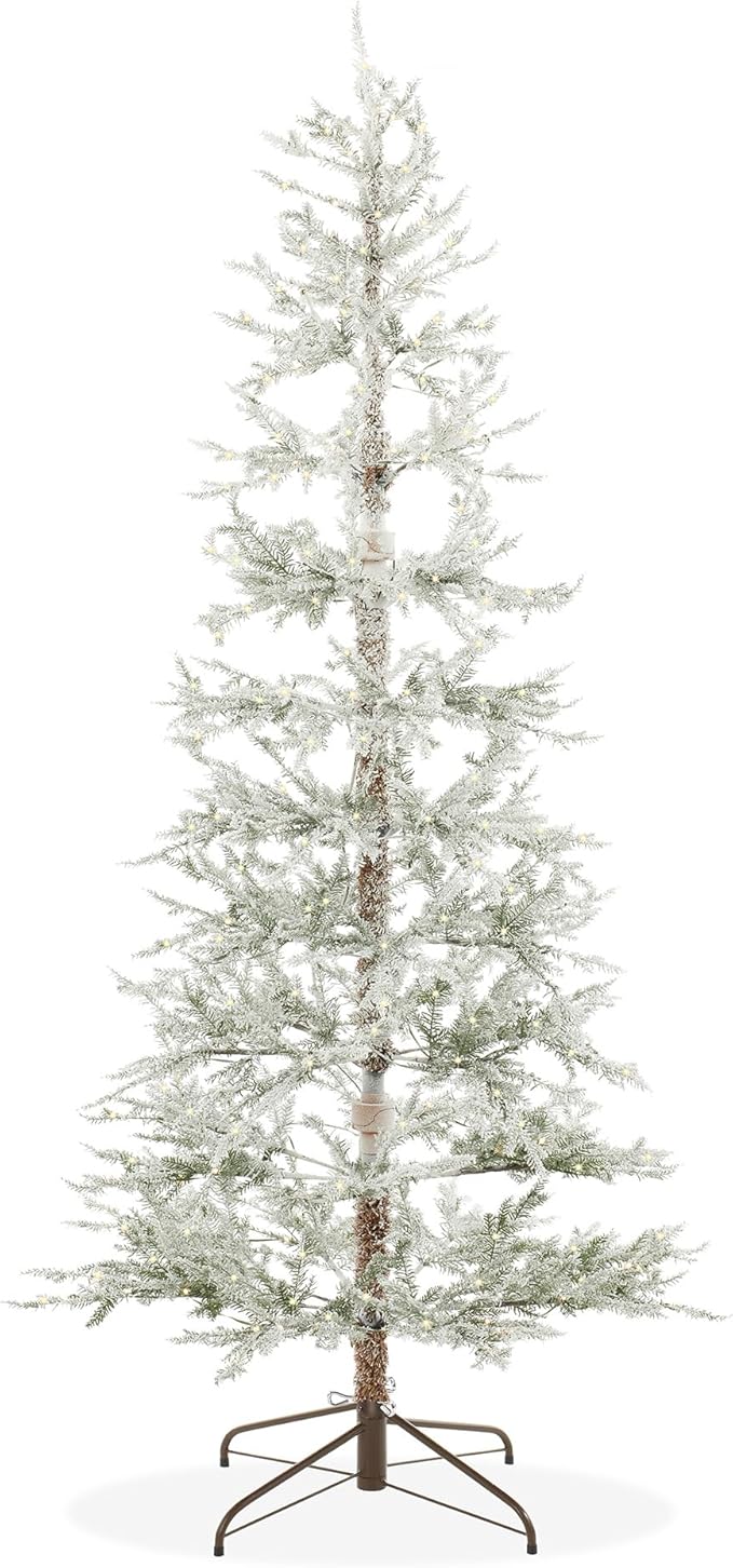 Casafield 6.5FT Pre-Lit Sparse Flocked Pine Artificial Holiday Christmas Tree, Warm White and Multicolored LED Lights with Sturdy Metal Stand