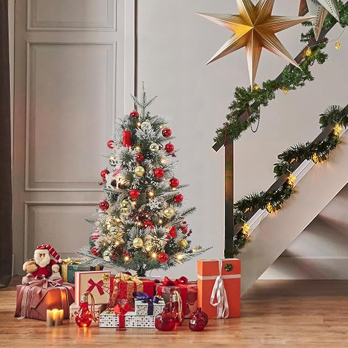 3FT Prelit Artificial Christmas Tree with Lights, 3 Foot Artificial Christmas Tree with Snowflake Base, 78 LED Prelit Christmas Tree, Battery Operated, Timer, Easy Assembly, Winter Holiday Decor