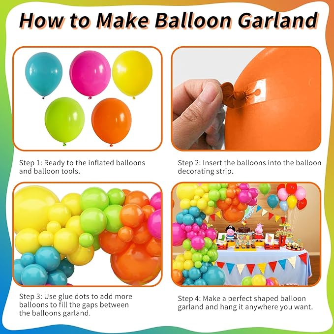 141 Pcs Summer Tropical Balloon Arch Garland Kit, Hot Pink Lime Green Orange Slate Blue Yellow Latex Rainbow Balloon Garland Kit for Hawaiian Luau Aloha Birthday Baby Shower Pool Party Decorations