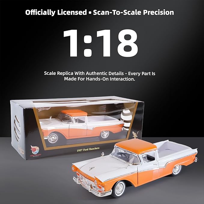 1957 Ford Ranchero 1:18 Diecast Model Officially Licensed Alloy Collection Car w/Working Doors & Hood, Classic Pickup Best Gift for Men, Dad & Kids 14+ Years (Orange)