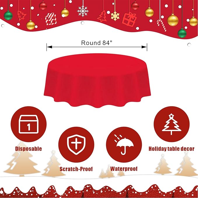 12 Pack Christmas Round Tablecloths, 84 Inch Disposable Plastic Table Covers for Xmas Party Decoration, Red White Green Waterproof Circle Table Cloth Bulk for New Year Wedding Family Gathering Banquet