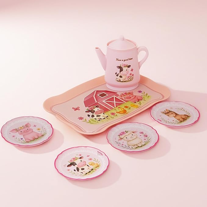 Toddler Farm Theme Tea Set for Girls 3-5, 47PCS Plastic Barn Animal Pretend Play Tea Party Set with Teapot, Cups, Tray, Desserts & Story Cards, Carrying Case Pink Gift Toy for Kids