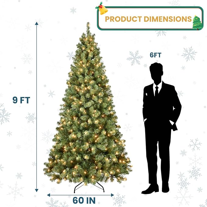 Kadunmina 9ft Pre-lit Christmas Tree, Prelit Artificial Spruce Xmas Trees with 650 Incandescent Warm White Lights, 1930 Branch Tips and Metal Stand for Home, Office, Holiday Decor,Green