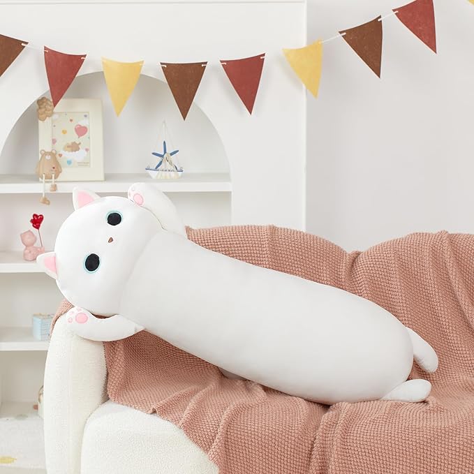 MaoGoLan Long Cat Plush Body Pillow, 44'' Giant White Glow in The Dark Cat Stuffed Animal Toy Gift for Girl Boy Kid, Big Cute Kitty Plush Throw Pillow for Halloween Christmas Decor