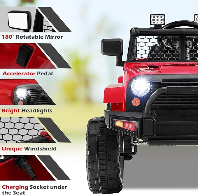 Costzon Ride on Car, 12V Battery Powered Truck Vehicle with Remote Control, Spring Suspension, Headlights, Music, Horn, MP3, USB & Aux Port, Gift for Boys Girls, Electric Car for Kids (Red)