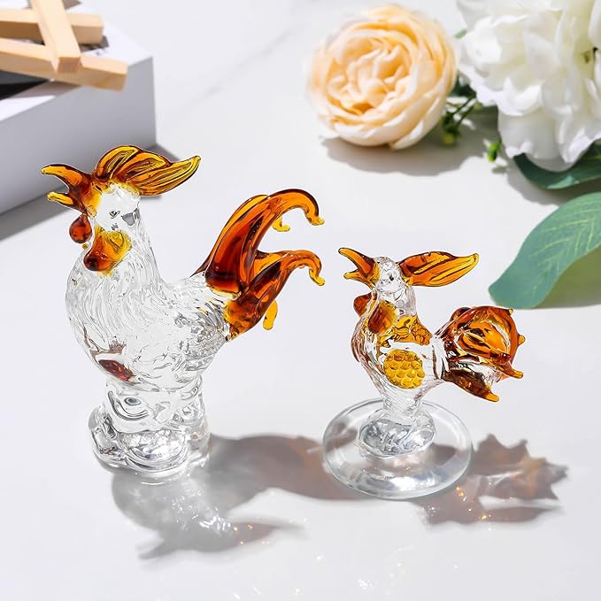 Movdyka 2pc Brown Crystal Chicken Rooster Figurine Table Art Sculpture Decor Hand Blown Glass Farm Animal Table Ornament Decoration Statue Rooster Gifts for Women
