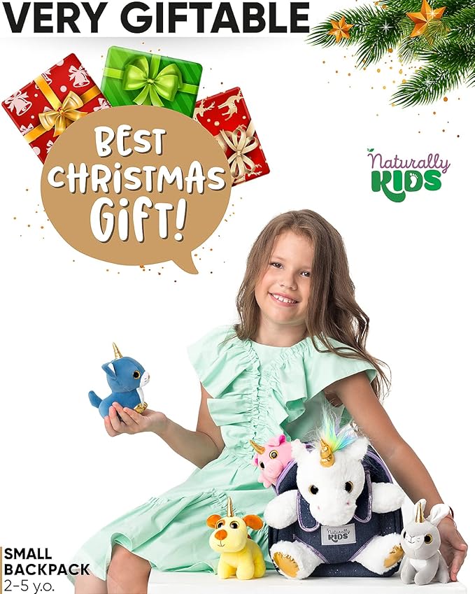 Naturally KIDS Toddler Unicorn Backpack w Plush Unicorn Toys, Gifts for 2-5 Year Old Girls, Toddler Backpack