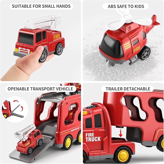 TEMI Fire Trucks Boy Toys for Toddlers 3-5 Year Old - Firetruck Toys for Kids 3 4 5 6 7, Transport Vehicle Carrier Set, Birthdays Gifts for Kids Girls Aged 4-6