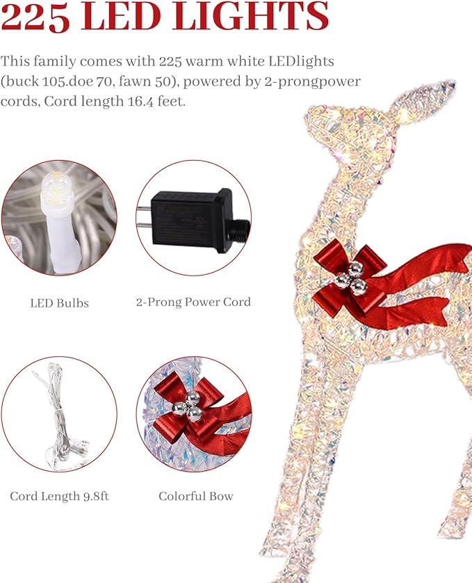 3-Piece Large Lighted Christmas Deer Family Set, 3D Reindeer Christmas Outdoor Decoration with 225 Warm White LED Lights, Ground Pegs, Cable Ties. Suitable for Patio Garden Party-Colorful