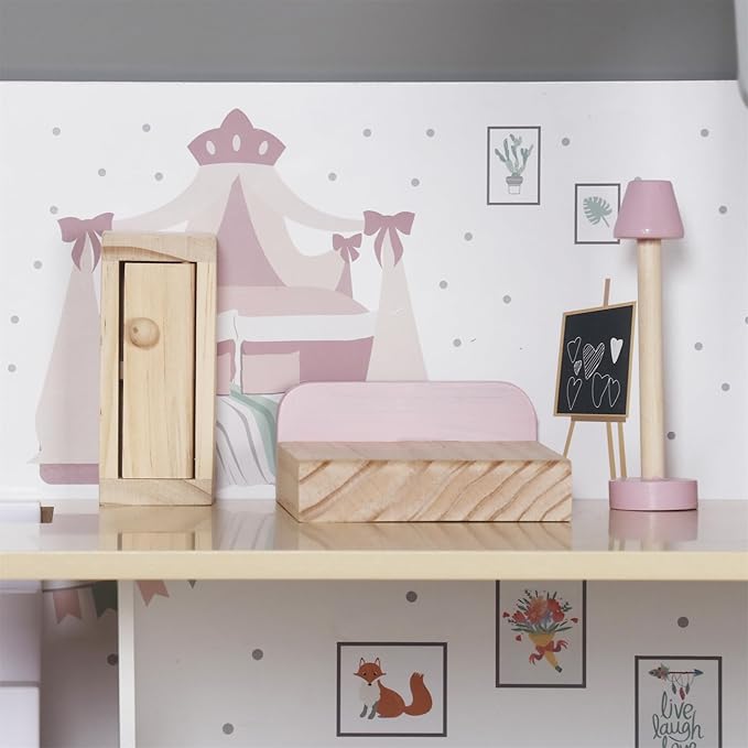 Wooden Dream Playhouse with Balcony, Doll House for Kids with Furniture, DIY Pretend Dolls Play House Toy, Girls Dollhouses Toys with 12 PCS Accessories, Birthday Gifts for Boys & Girls Ages 3+